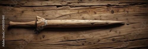 Flint arrowhead lodged in an ancient wooden arrow shaft, ancient hunting tool, ancient wooden arrow