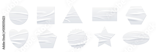 Crumpled white paper stickers. Wrinkled glued labels different shapes and forms. Realistic round, circle, square, rectangle, heart, triangle mockups. Vector illustrations set isolated on transparent.