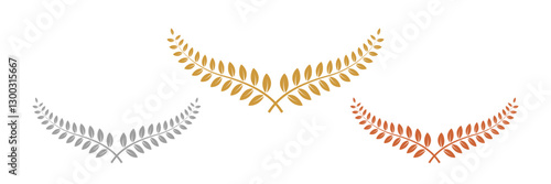 Gold, silver, bronze laurel wreaths. Winner medal award set vector illustration. Victory symbol, triumph emblem, champion prize isolated on transparent background.