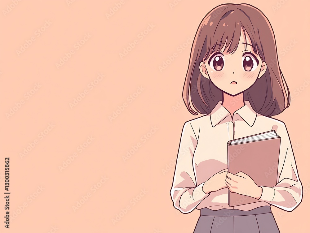 teacher anime girl in cream blouse and pencil skirt holding book teacher anime girl in cream blouse and pencil skirt holding book