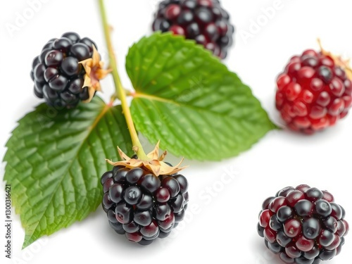 Fresh blackberry with green leave isolated on white background, leaf, healthy, vitamin