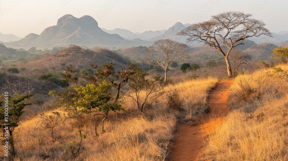 Obraz premium A peaceful sunset pathway surrounded by calm grasslands and distant majestic mountains