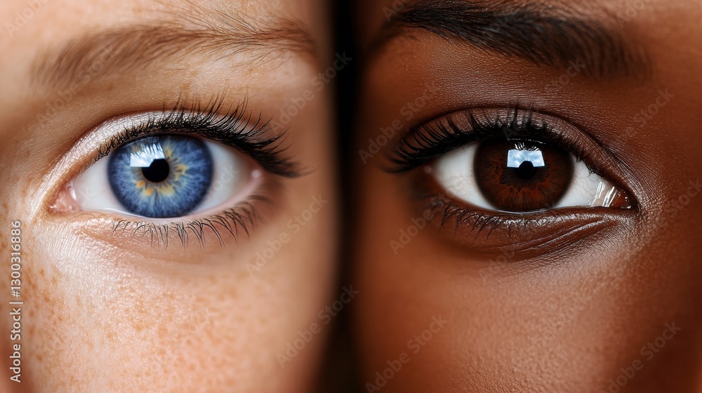Fototapeta premium Equal Blue and Brown Eyes, Fighting Racism with Diverse Skin Unity on Neutral Background, Close Up