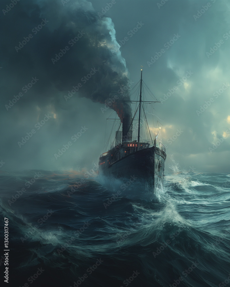Fototapeta premium A steamship on the open sea its smoke from its chi_007