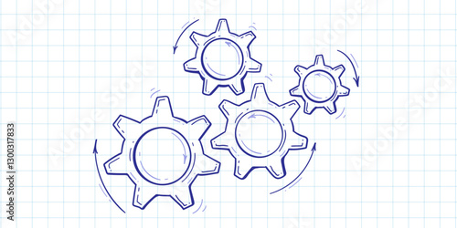Drawn gears on a piece of paper. Business concept. Engineering invention. Vector illustration .