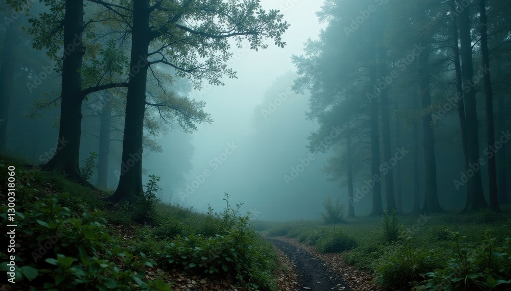 Obraz premium Dense fog hangs low, obscuring ancient woodland, gloom, silent