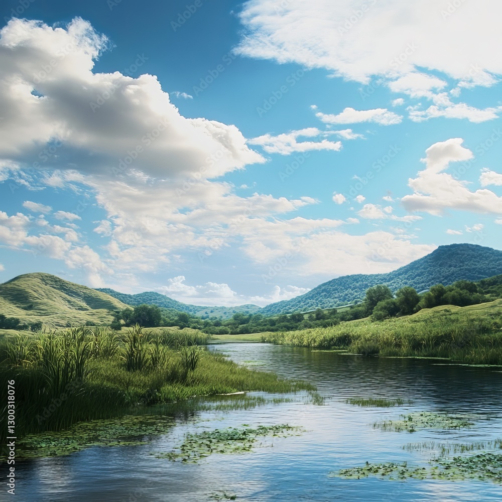 Serene River Landscape: A tranquil river snakes through a vibrant green valley, under a sky dotted with fluffy clouds, evoking a sense of peace and the beauty of untouched nature. Serene River Landscape: A tranquil river snakes through a vibrant green valley, under a sky dotted with fluffy clouds, evoking a sense of peace and the beauty of untouched nature.