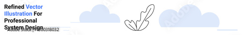 Lightweight feather with a clean line art design surrounded by simple blue clouds. Ideal for creativity, nature, tranquility, minimalism, professionalism, branding, flat landing page banner