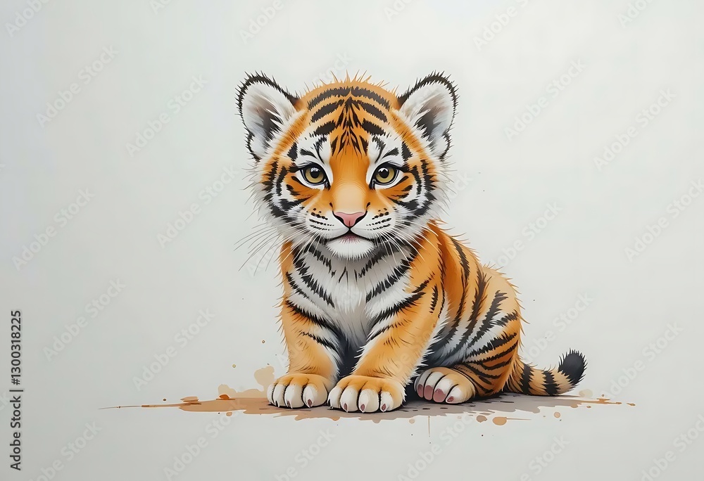 Obraz premium Adorable Tiger Cub Portrait Sitting Down with Orange and Black Stripes