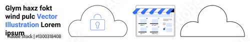 Three cloud graphics arranged horizontally. First cloud with lock symbol, second with online store, third empty. Ideal for cybersecurity, cloud storage, e-commerce, internet security, SaaS digital