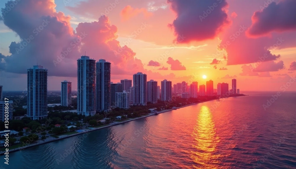 Fototapeta premium Miami skyline panorama, vibrant sunset, cute buildings , Miami, photo, golden hour