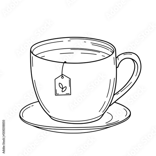 Warm Embrace: A delicate sketch of a teacup with a tea bag resting elegantly on a saucer. Evoking feelings of warmth, comfort, and quiet moments.