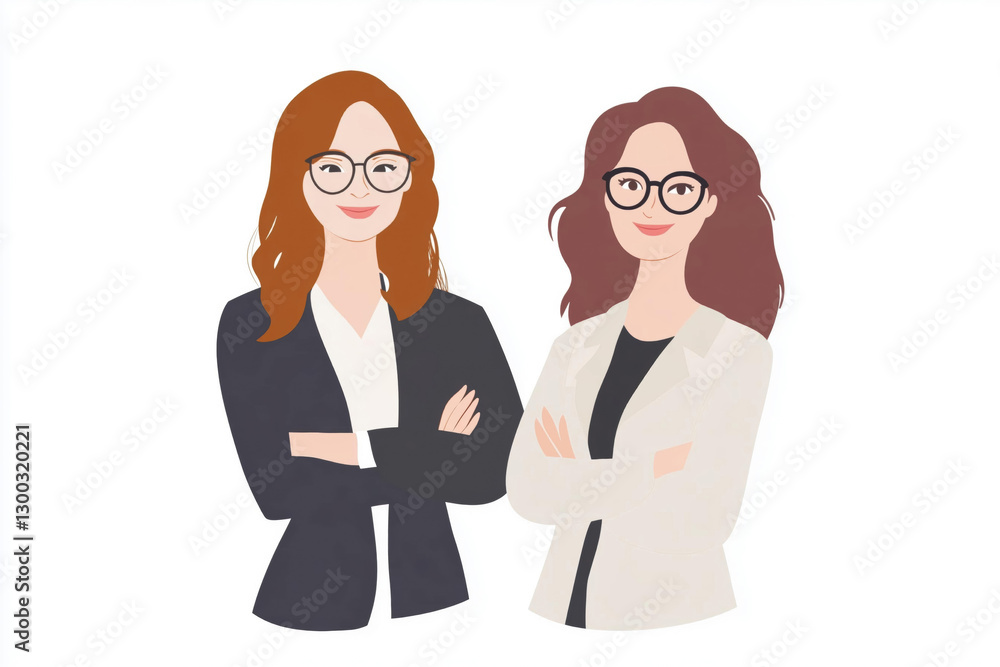 Two young businesswomen stand confidently side-by-side with their arms crossed and a slight smile. Two young businesswomen stand confidently side-by-side with their arms crossed and a slight smile.