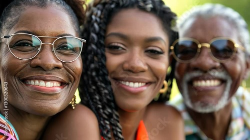 Three generations of a family share a joyful moment together, smiling broadly.
