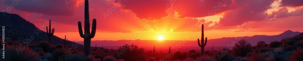 Majestic saguaro cacti stand silhouetted against a vibrant sunset in the Arizona desert , desert, mountain, plants Majestic saguaro cacti stand silhouetted against a vibrant sunset in the Arizona desert , desert, mountain, plants