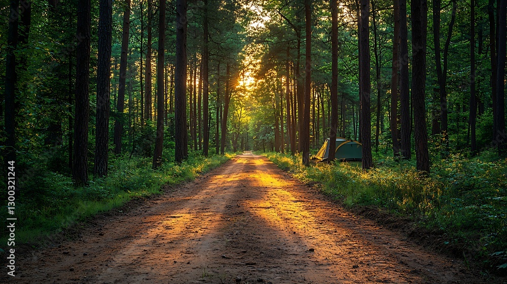 Serene Sunset Forest Path with Campsite Idyllic Nature Scene Serene Sunset Forest Path with Campsite Idyllic Nature Scene