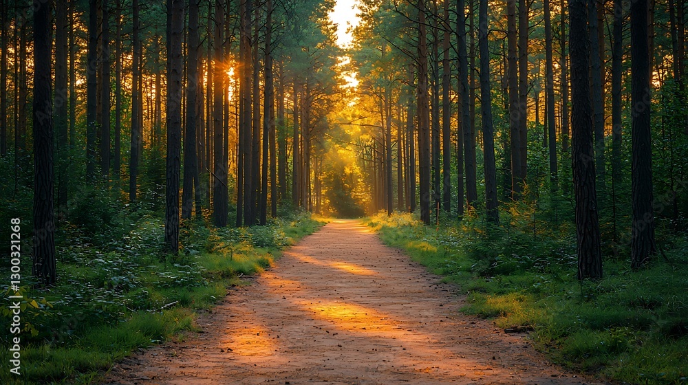 Fototapeta premium Serene Sunset Path Through Majestic Pine Forest Golden Hour Light