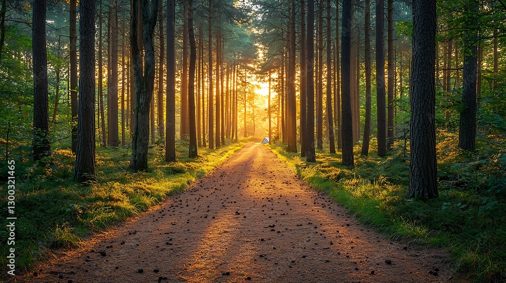 Obraz premium Golden Sunrise Path Through Majestic Pine Forest Tranquil Nature Scene