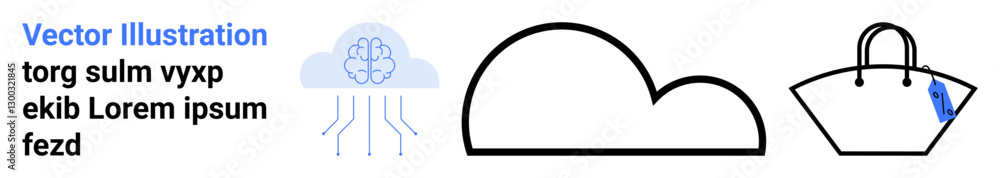AI-powered brain with cloud data flow, black outline cloud, and tote bag suggesting tech, design, shopping, network, digital innovation, e-commerce creativity. Ideal for flat landing page banner AI-powered brain with cloud data flow, black outline cloud, and tote bag suggesting tech, design, shopping, network, digital innovation, e-commerce creativity. Ideal for flat landing page banner