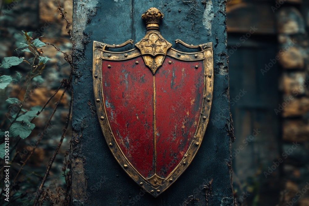 Fototapeta premium Historic red shield mounted on an ancient stone wall surrounded by overgrown vegetation in a deserted location