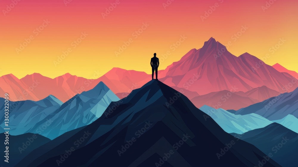 Man standing on top of a mountain at sunset. Concept of success, achievement, and leadership.