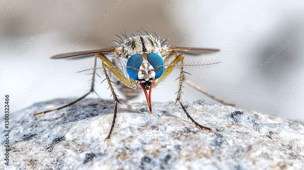 Fototapeta premium Striking Close up of a Dolichopodidae Fly Vibrant Blue Eyes Detailed Insect Macro Photography