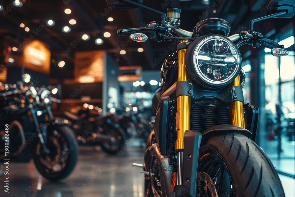 Fototapeta premium Motorcycle with bright headlights stands out in showroom display.