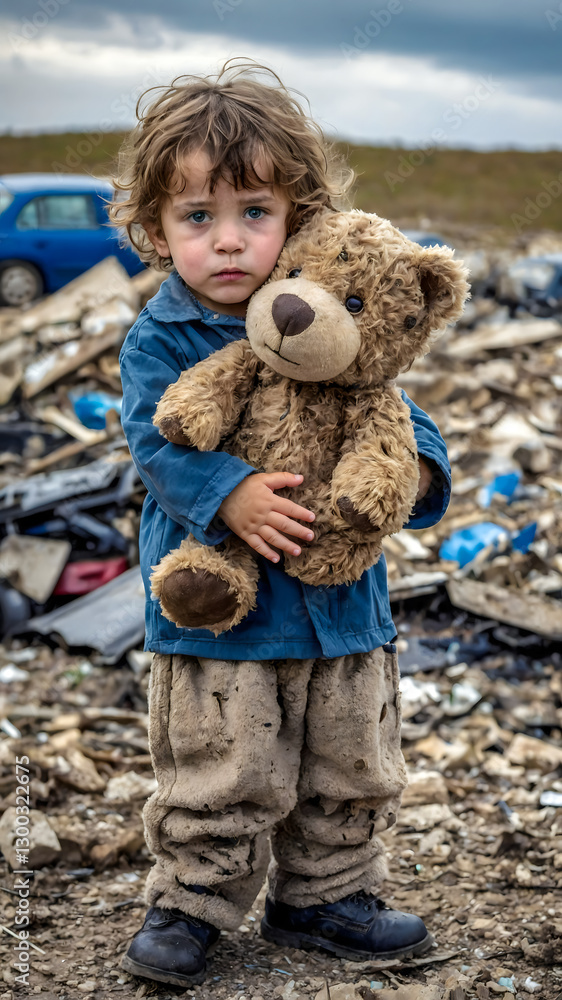 Somber Child Holding Teddy Bear Amidst Rubble, Dirt-Smudged Face Reflecting Poverty and Struggles Somber Child Holding Teddy Bear Amidst Rubble, Dirt-Smudged Face Reflecting Poverty and Struggles