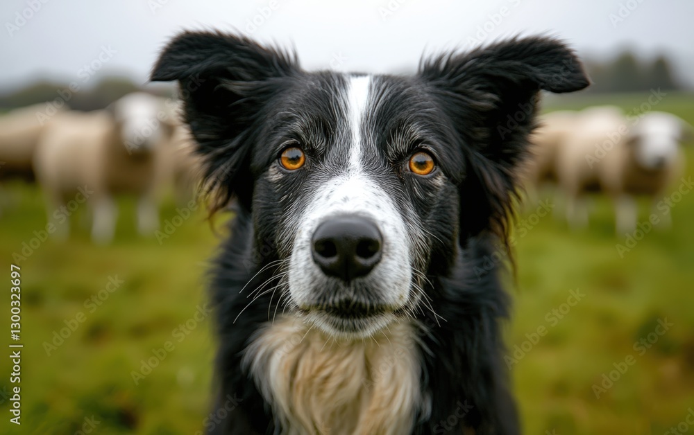 Intense Gaze: A Border Collie's piercing amber eyes meet the camera, sheep grazing peacefully in the blurred background. A captivating portrait of canine focus and pastoral life. Intense Gaze: A Border Collie's piercing amber eyes meet the camera, sheep grazing peacefully in the blurred background. A captivating portrait of canine focus and pastoral life.