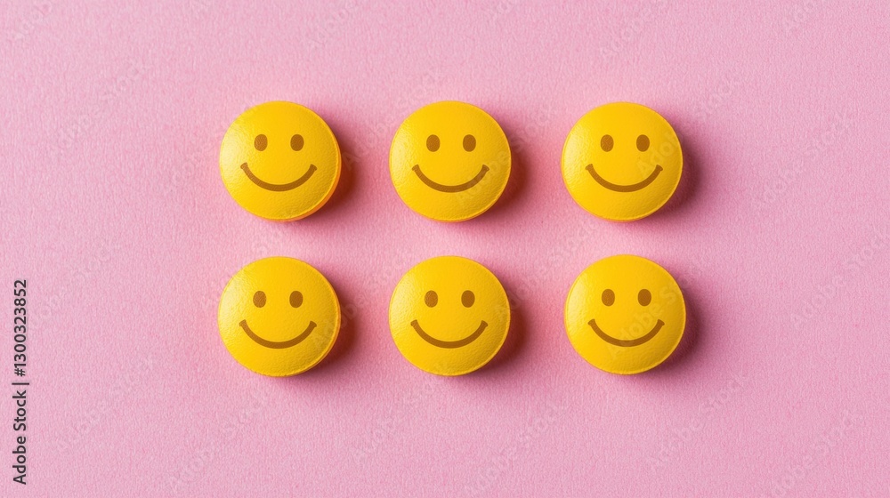 Yellow pills with smiley faces on a pink background. Concept of antidepressant, happiness, and mental health. Yellow pills with smiley faces on a pink background. Concept of antidepressant, happiness, and mental health.