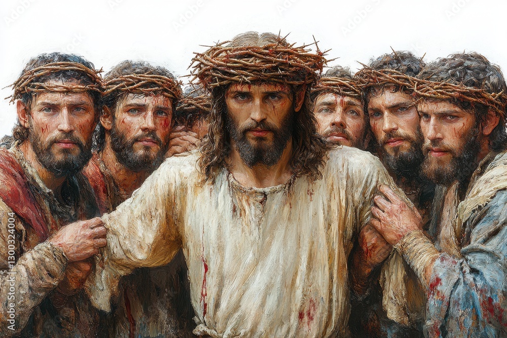 Strong depiction of the emotional connection between Jesus and his followers during a moment of distress and anticipation Strong depiction of the emotional connection between Jesus and his followers during a moment of distress and anticipation