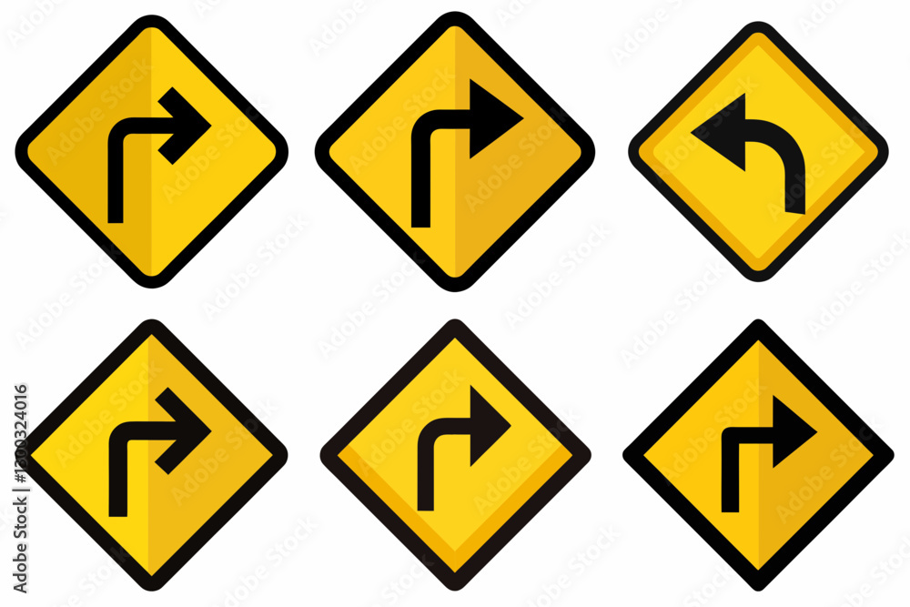Traffic Signals Icons Set of yellow traffic signal icons indicating turn directions. Traffic Signals Icons Set of yellow traffic signal icons indicating turn directions.