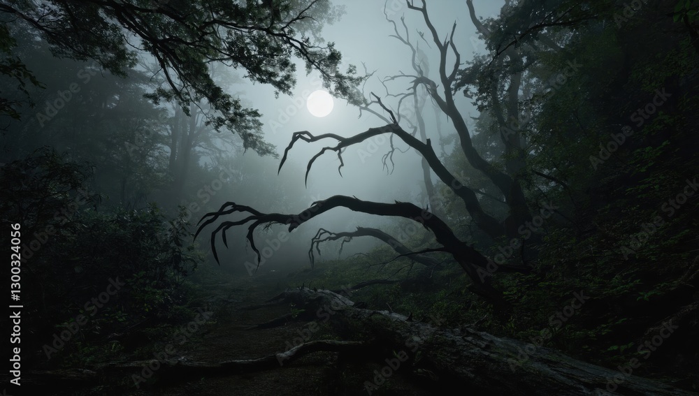 Mysterious night scene with fog and trees forest dark mood Mysterious night scene with fog and trees forest dark mood