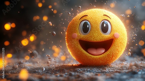 Happy Smiling Face Emoji Surrounded by Sparkling Particles and Warm Glow