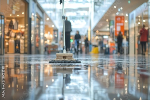 Wallpaper Mural Broom cleaning a reflective and wet commercial floor surface. Torontodigital.ca