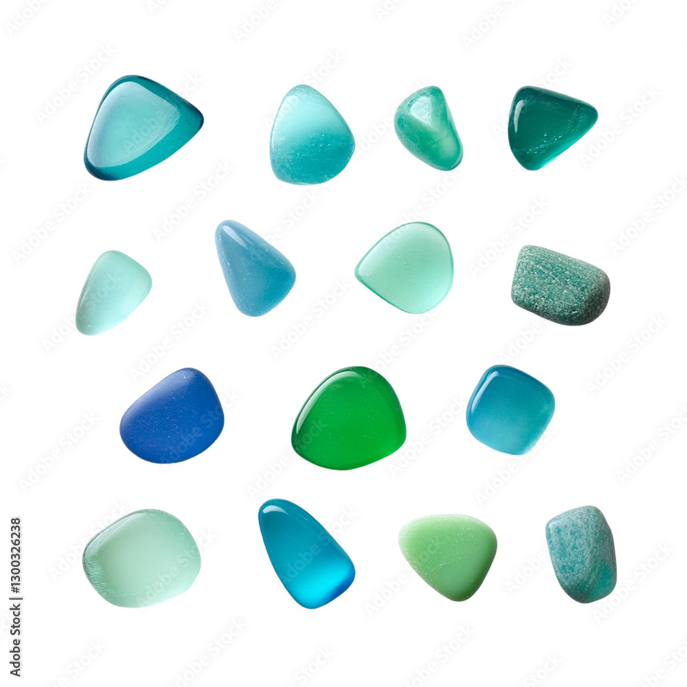 collection of sea glass pieces in shades of blue and green, showcasing their smooth textures and unique shapes. These natural treasures evoke sense of calm and beauty collection of sea glass pieces in shades of blue and green, showcasing their smooth textures and unique shapes. These natural treasures evoke sense of calm and beauty