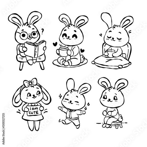 set of funny cartoon rabbits doing daily activities