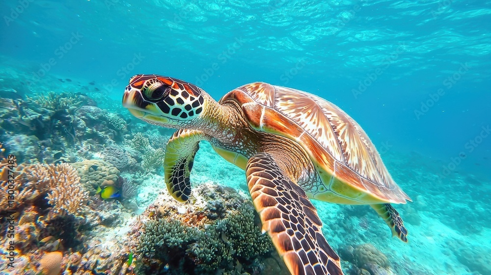 Obraz premium Sea turtle swimming in the ocean. Underwater wildlife with coral reef. Marine animal in its natural habitat.
