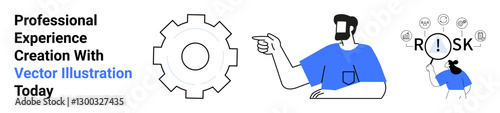 Man in blue shirt pointing at gear symbol alongside risk icons and professional text. Ideal for teamwork, planning, leadership, strategy, innovation, risk management, flat landing page banner