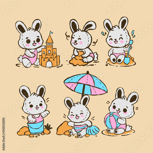 set of cute playful rabbits doing beach activities