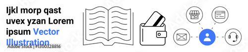 Open book, wallet with cards, and user profile linked via nodes to various service icons. Ideal for education, finance, digital connectivity, personal management, e-commerce, tech support
