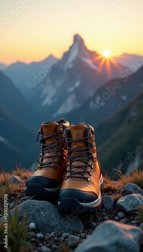 Golden hour light bathes rugged hiking boots atop a mountain peak , empty space, gear