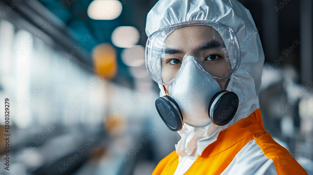 Worker in protective gear focuses on safety in a manufacturing facility during daytime operations Worker in protective gear focuses on safety in a manufacturing facility during daytime operations