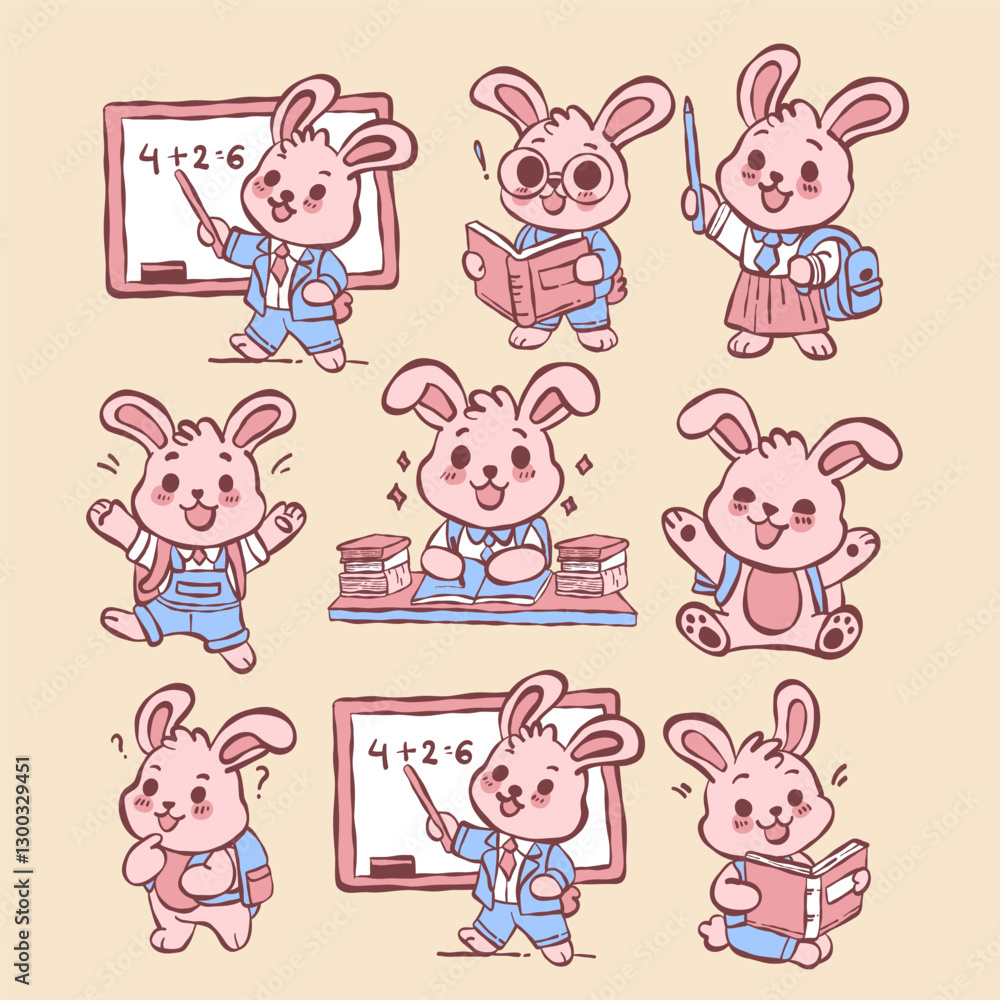 set of funny rabbit cartoon doing school activities set of funny rabbit cartoon doing school activities
