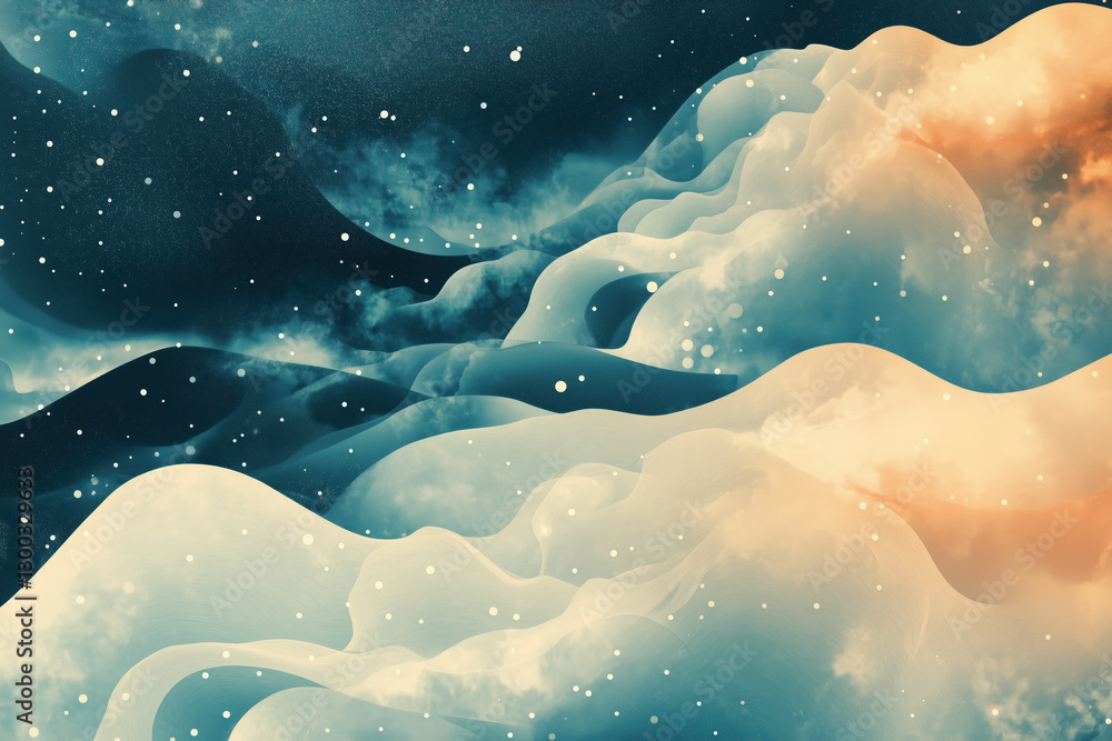 Fototapeta premium A dreamy abstract illustration features soft, ethereal forms reminiscent of clouds or waves with subtle dots.
