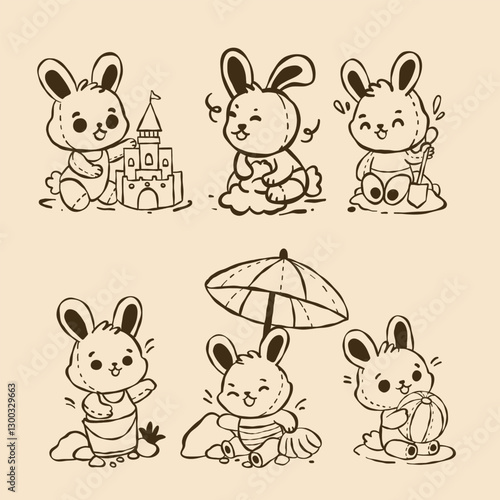 set of cute playful rabbits doing beach activities