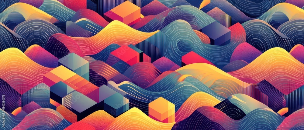 Obraz premium Seamless Japanese Seigaiha wave pattern merged with isometric geometric cubes, evoking a sense of depth and movement