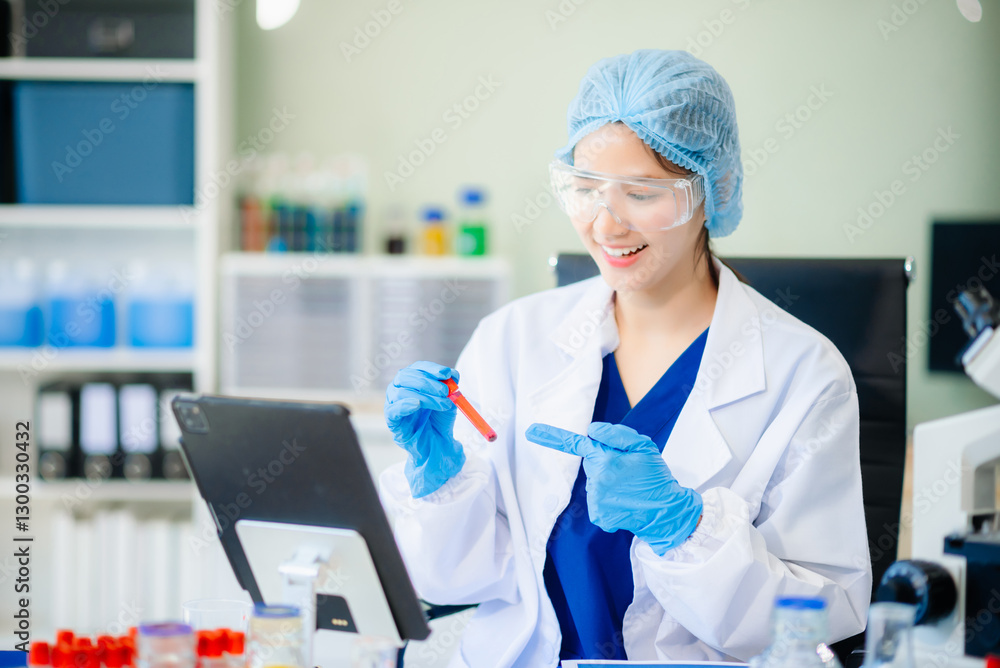 Female biotechnologist testing new chemical substances in a laboratory. Female biotechnologist testing new chemical substances in a laboratory.