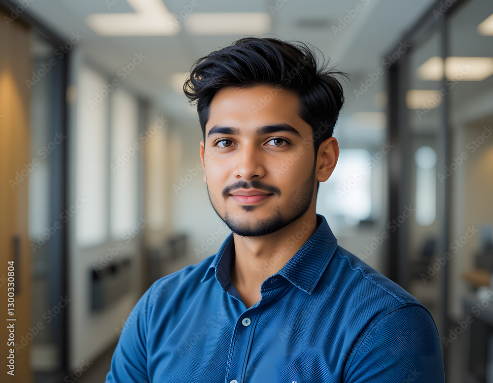 Obraz premium millennial 30s Indian man dressed in casual blue shirt posing indoor. Profile picture of office employee