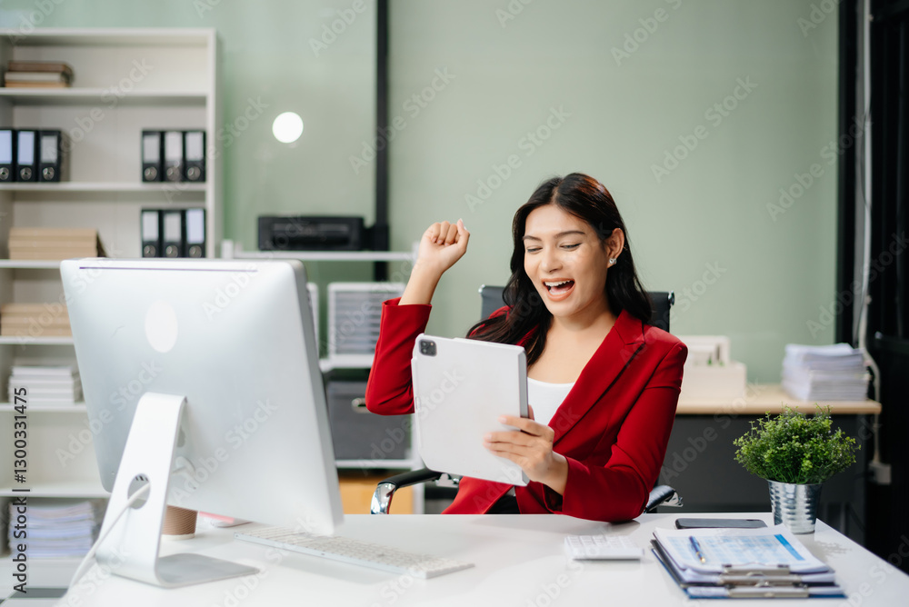 Asian woman using laptop and tablet while sitting at her working place. Concentrated Asian woman using laptop and tablet while sitting at her working place. Concentrated